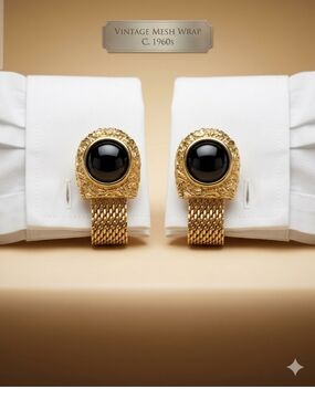 Swank Vintage Gold Mesh Wrap Cufflinks with Brown Onyx Center